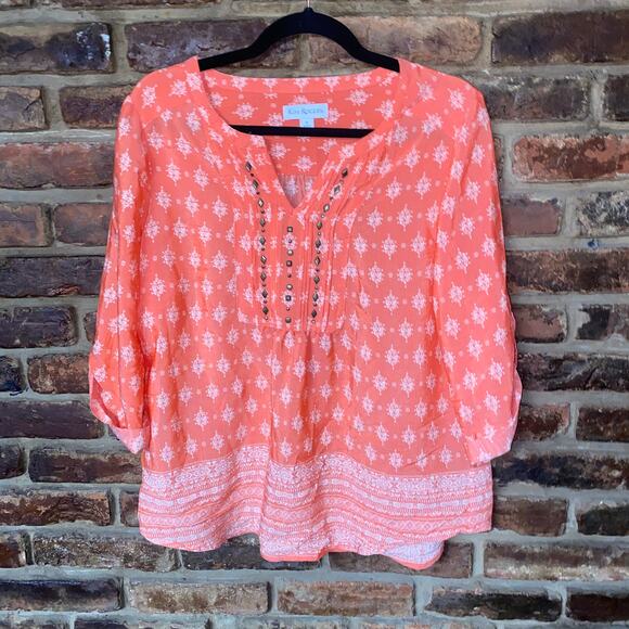 Kim Rogers Coral White Print Embellished Blouse Women's Size Small - Picture 1 of 6